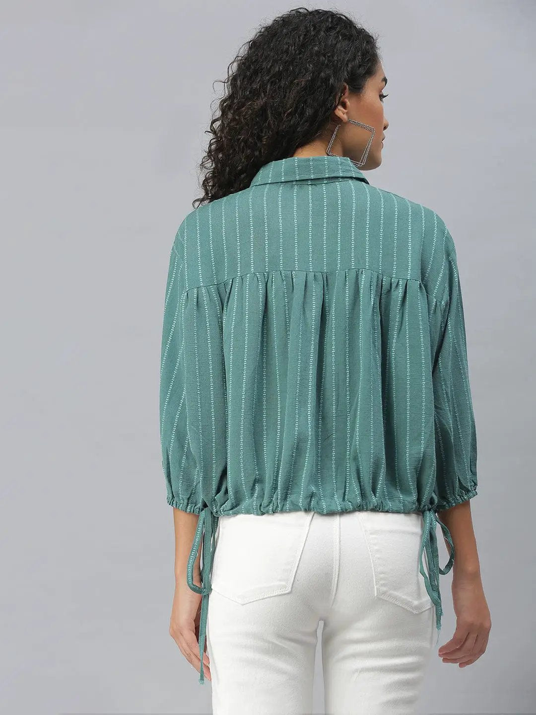 Women's Shirt Collar Self Design Sea Green Cinched Waist Top