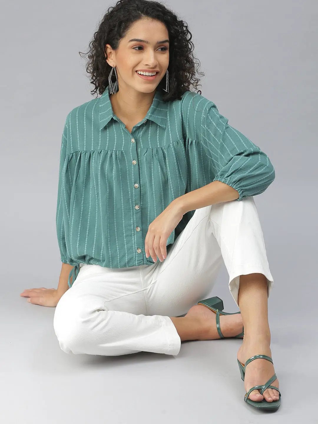 Women's Shirt Collar Self Design Sea Green Cinched Waist Top