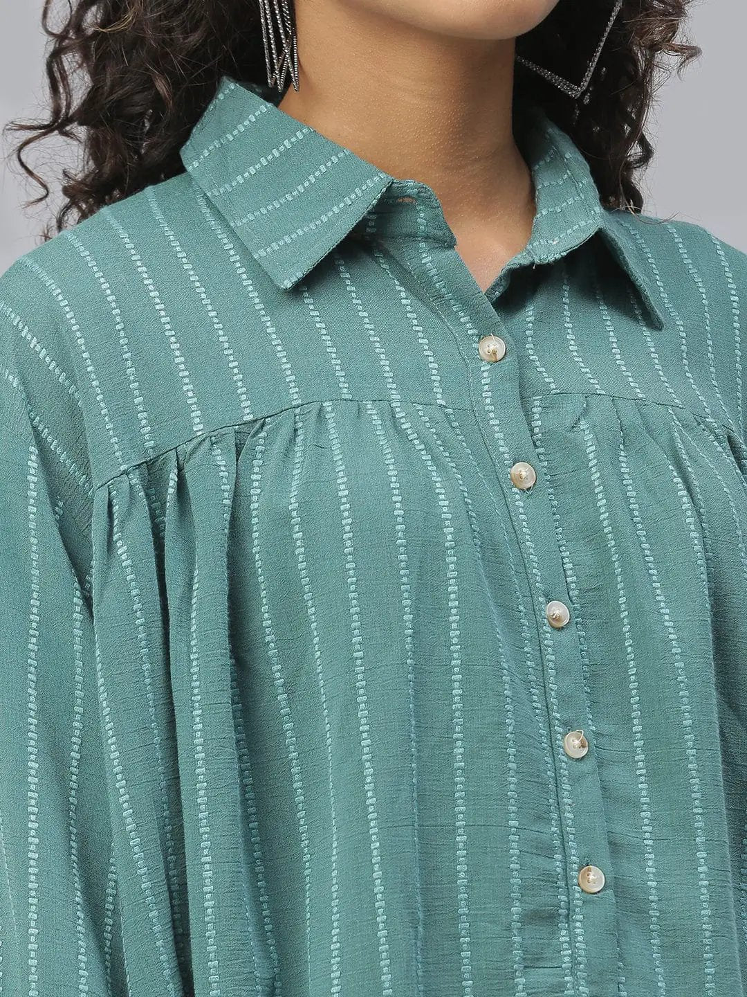 Women's Shirt Collar Self Design Sea Green Cinched Waist Top