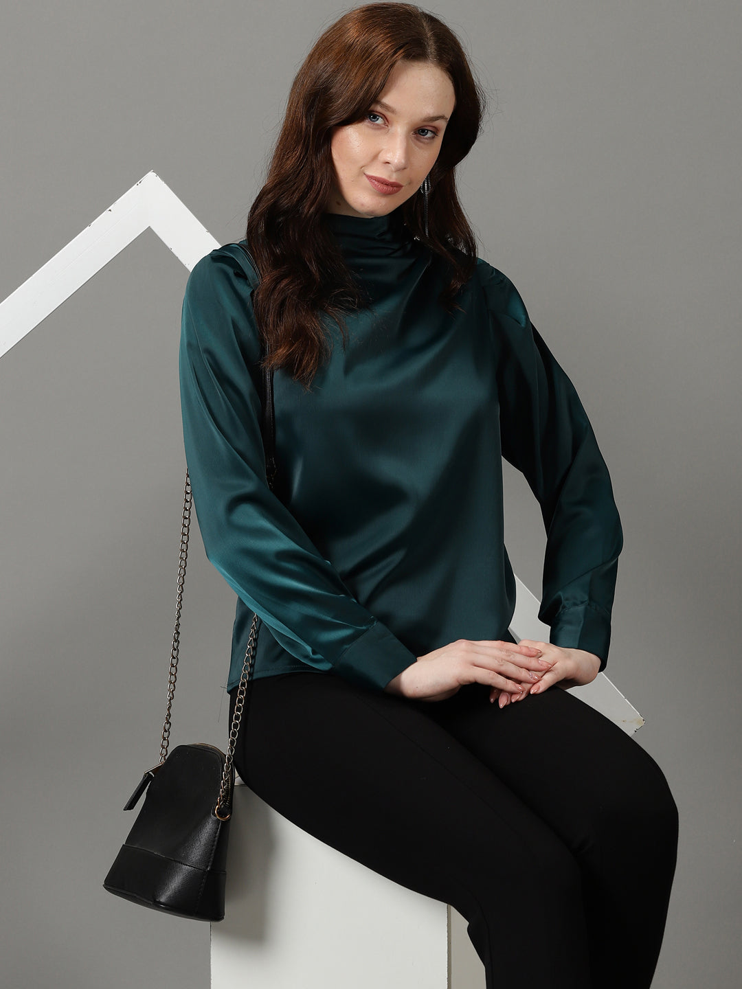 Women's Green High Neck Cuffed Sleeves Satin Top