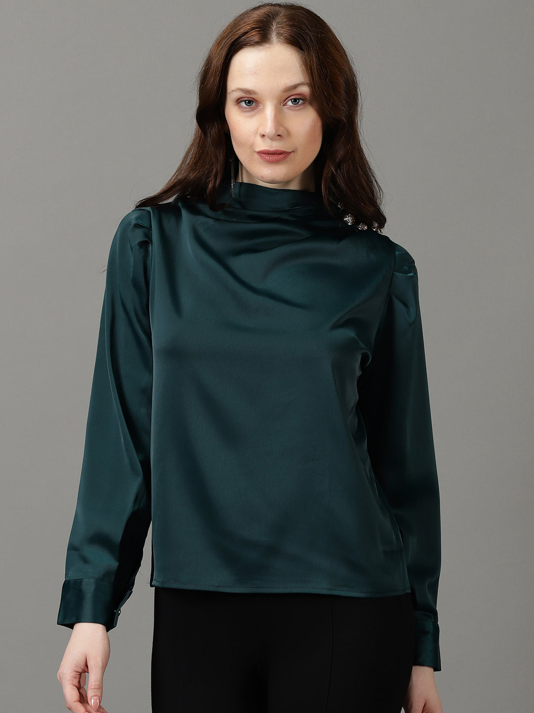 Women's Green High Neck Cuffed Sleeves Satin Top