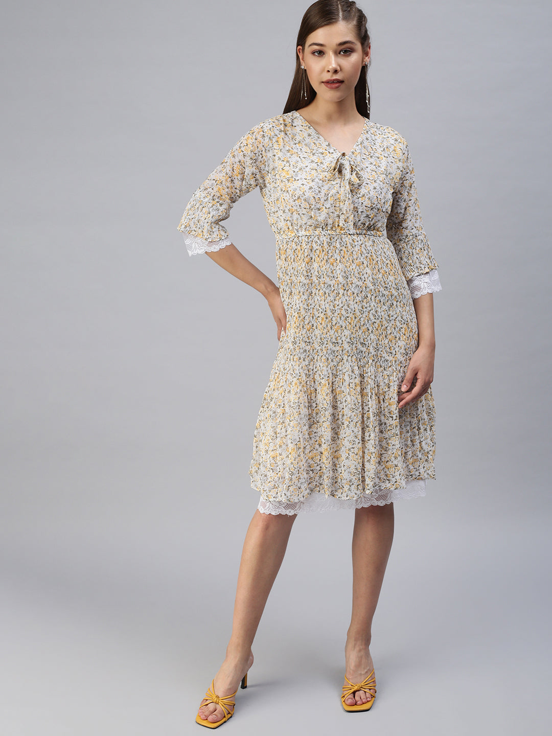 Women V-Neck Printed Fit and Flare Off White Dress