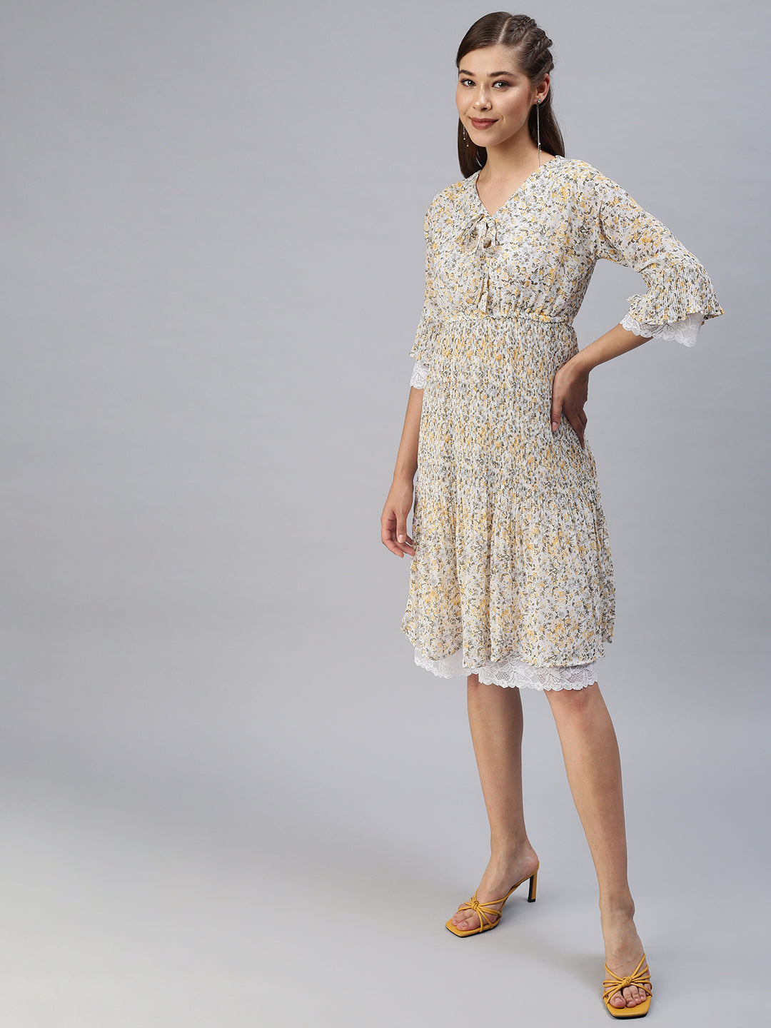 Women V-Neck Printed Fit and Flare Off White Dress