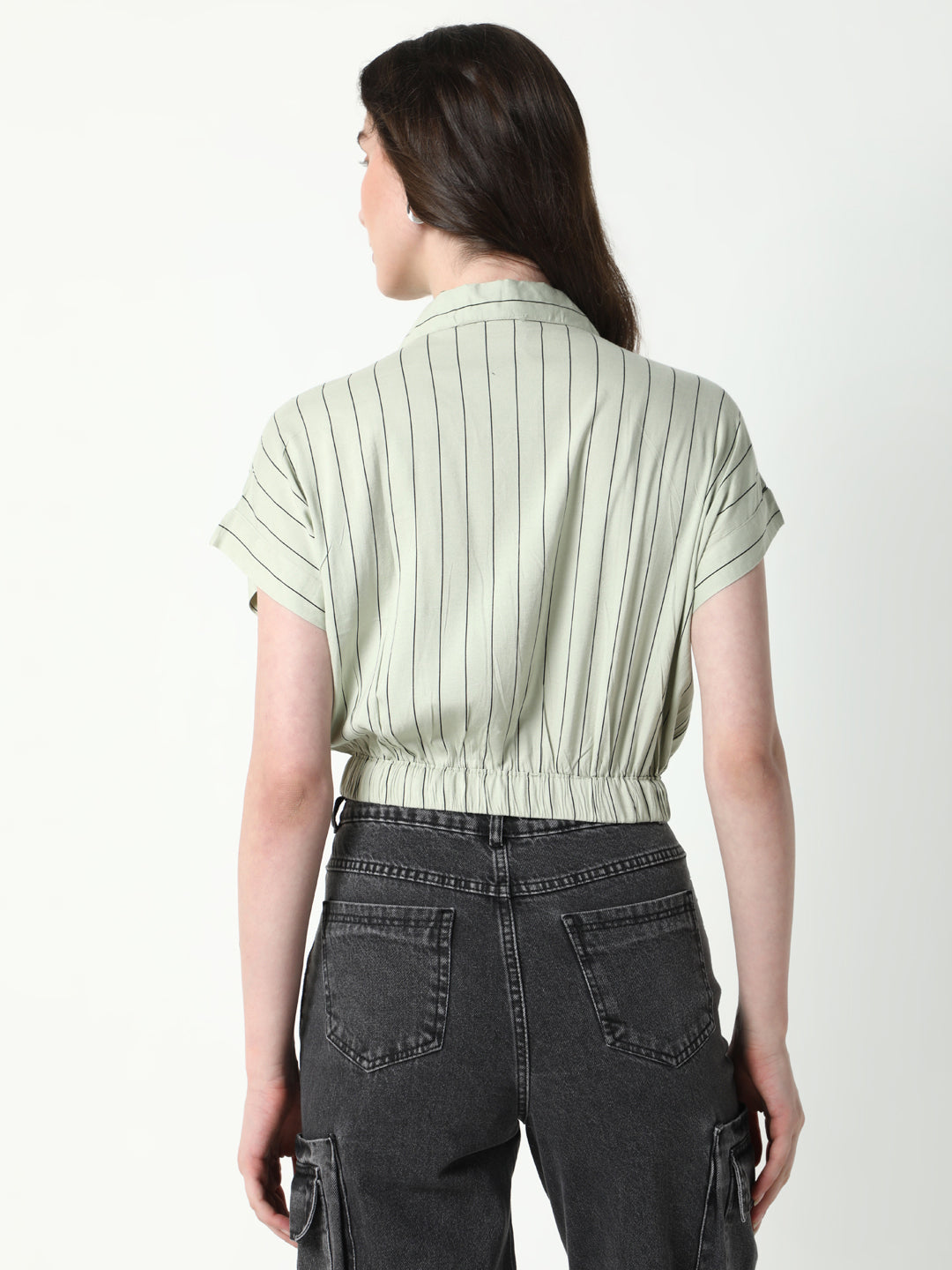 Women Green Striped Shirt Style Crop Top