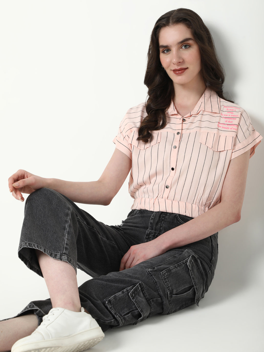 Women Peach Striped Shirt Style Crop Top