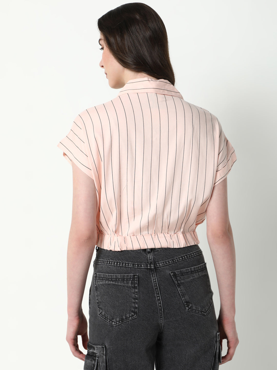 Women Peach Striped Shirt Style Crop Top