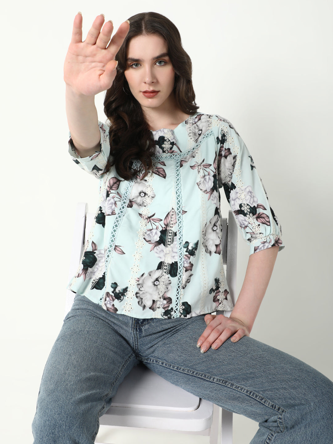 Women Sea Green Floral Top