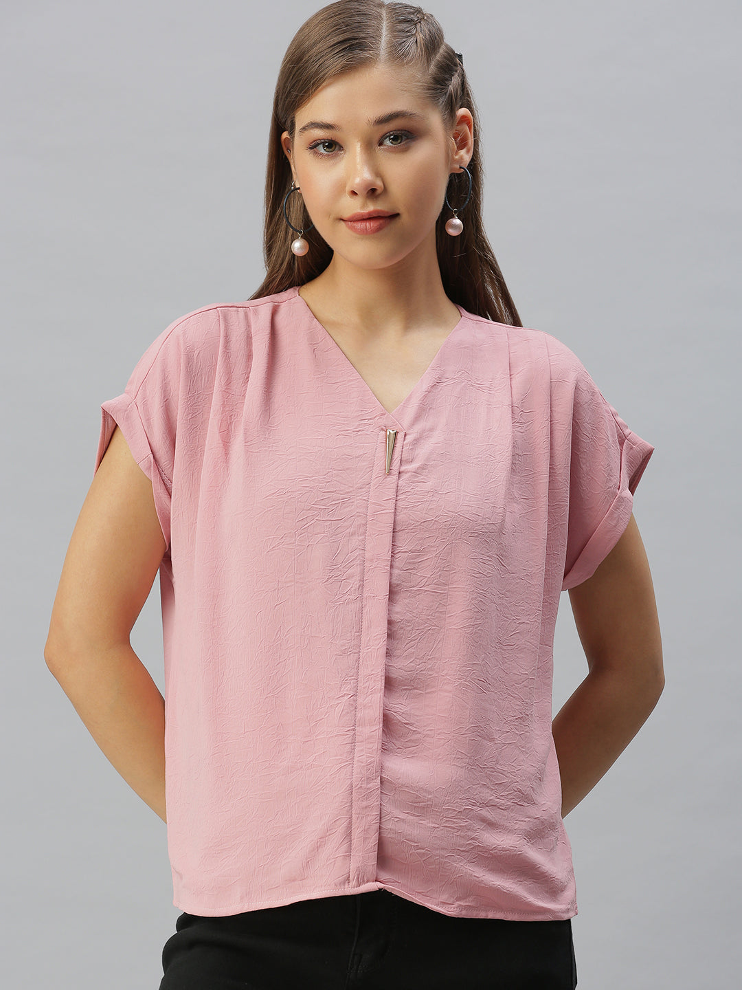 Women's V-Neck Solid Pink Boxy Top