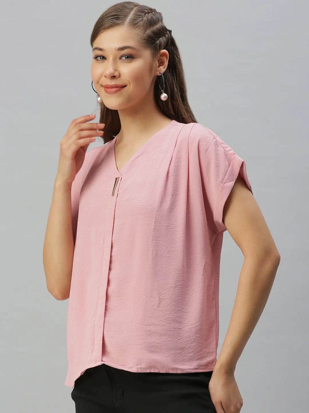 Women's V-Neck Solid Pink Boxy Top