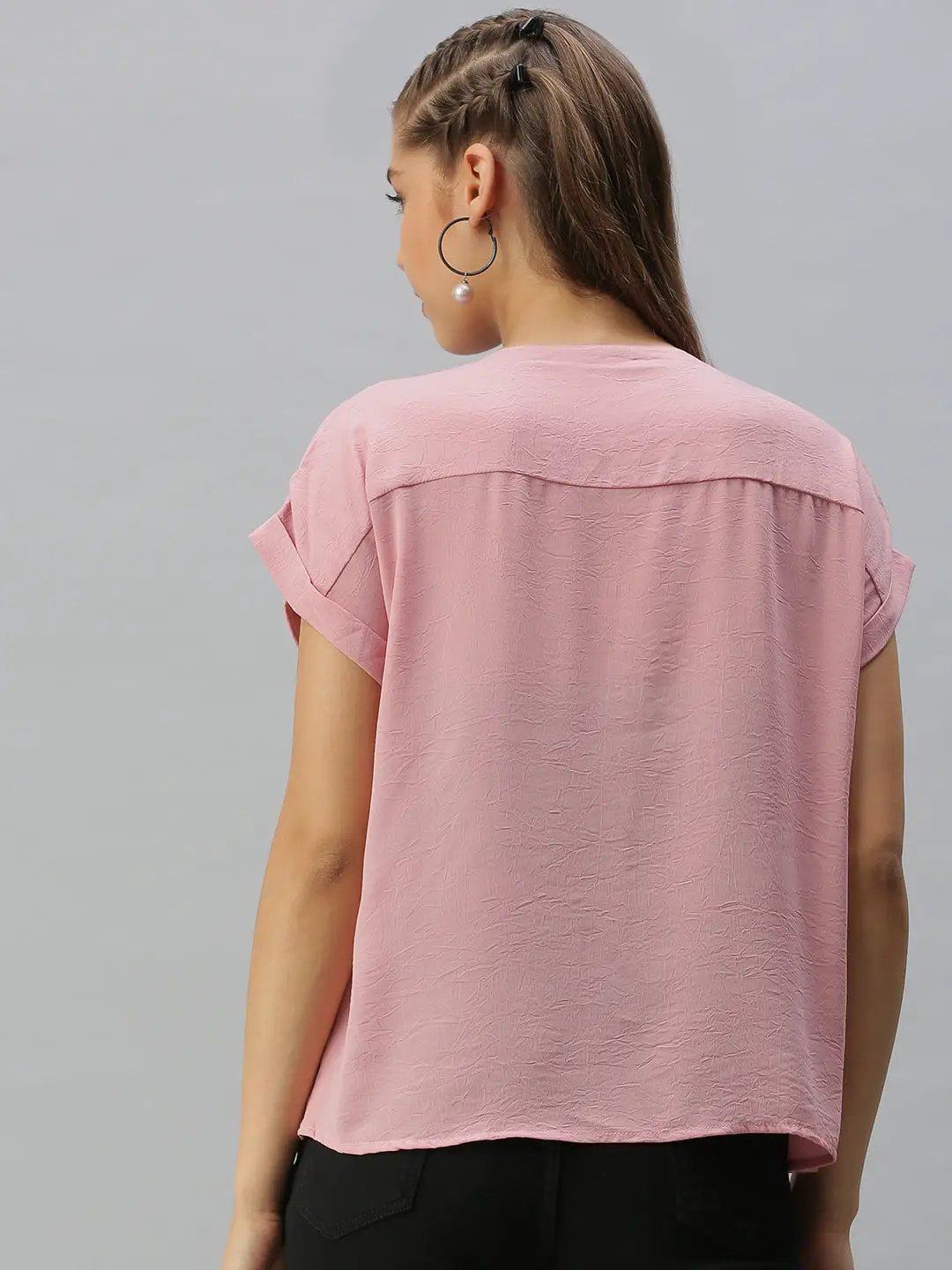 Women's V-Neck Solid Pink Boxy Top