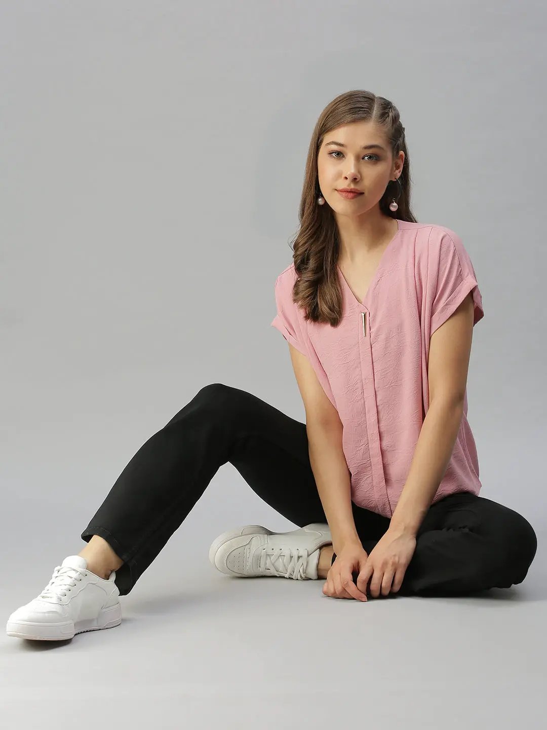Women's V-Neck Solid Pink Boxy Top