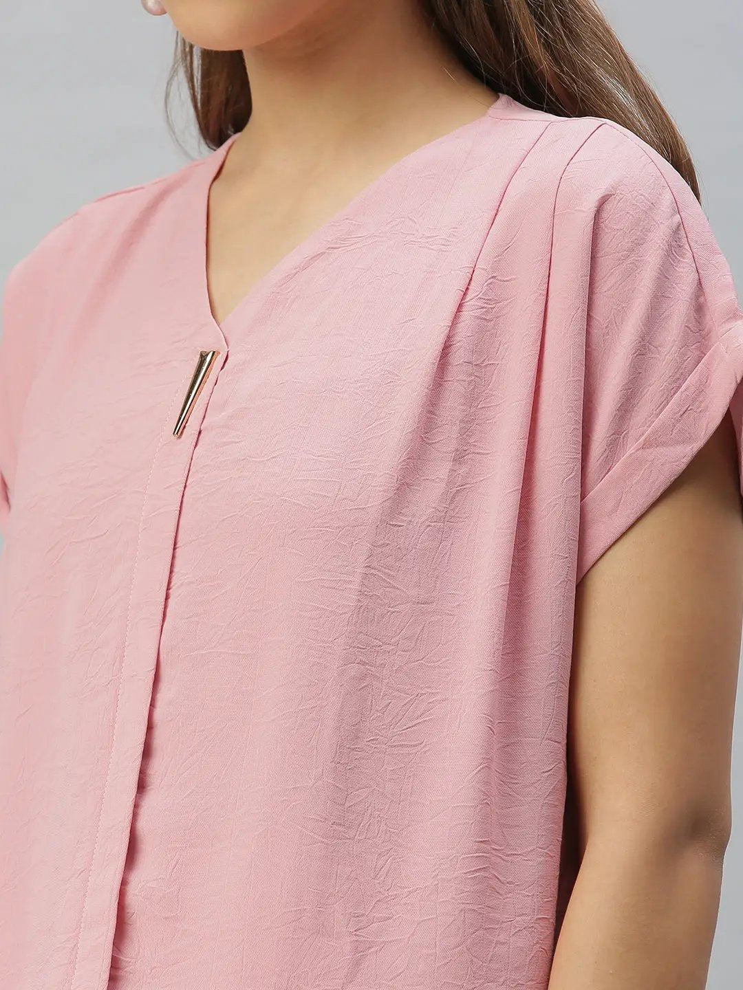 Women's V-Neck Solid Pink Boxy Top