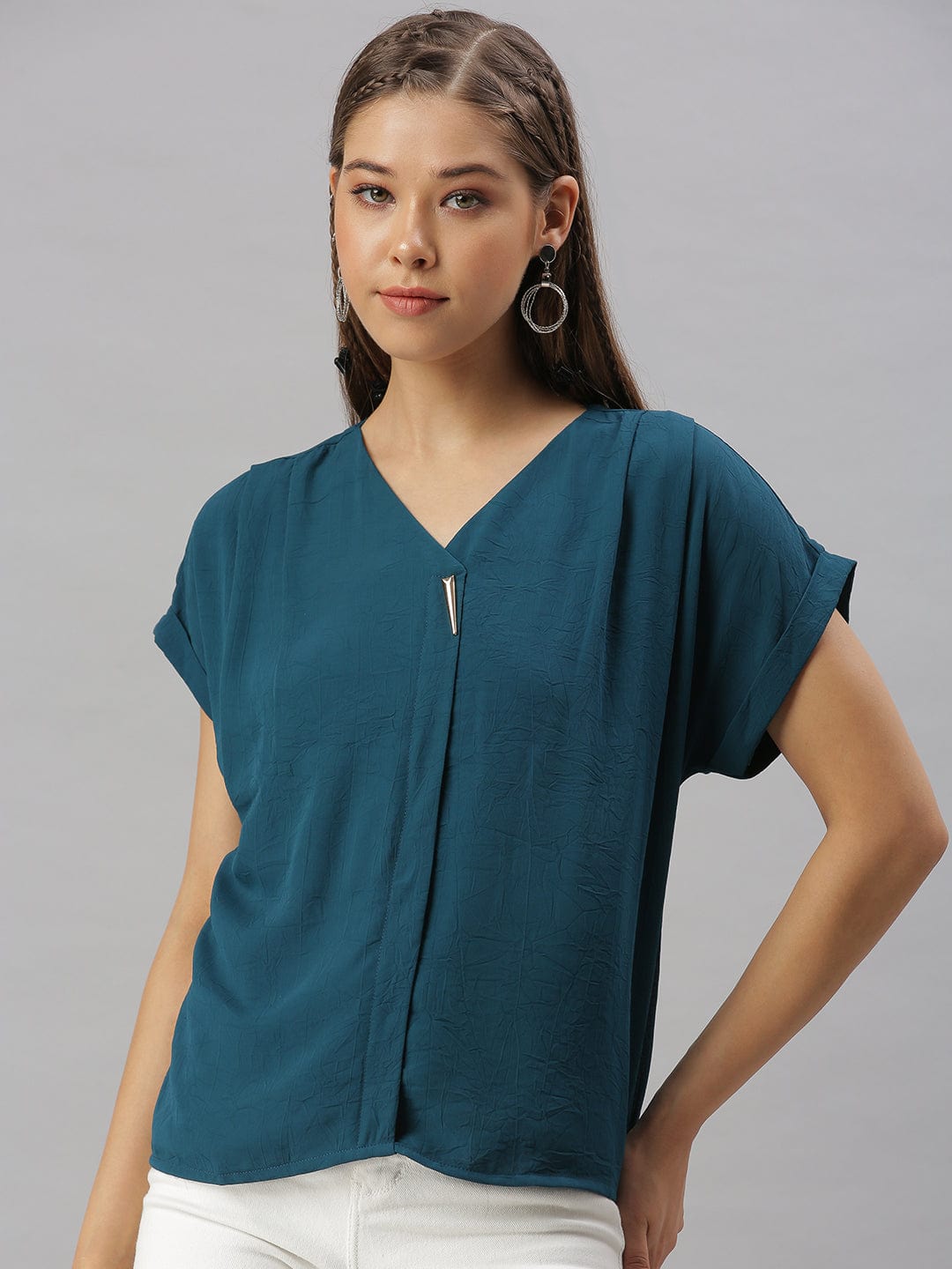 Women's V-Neck Solid Teal Boxy Top