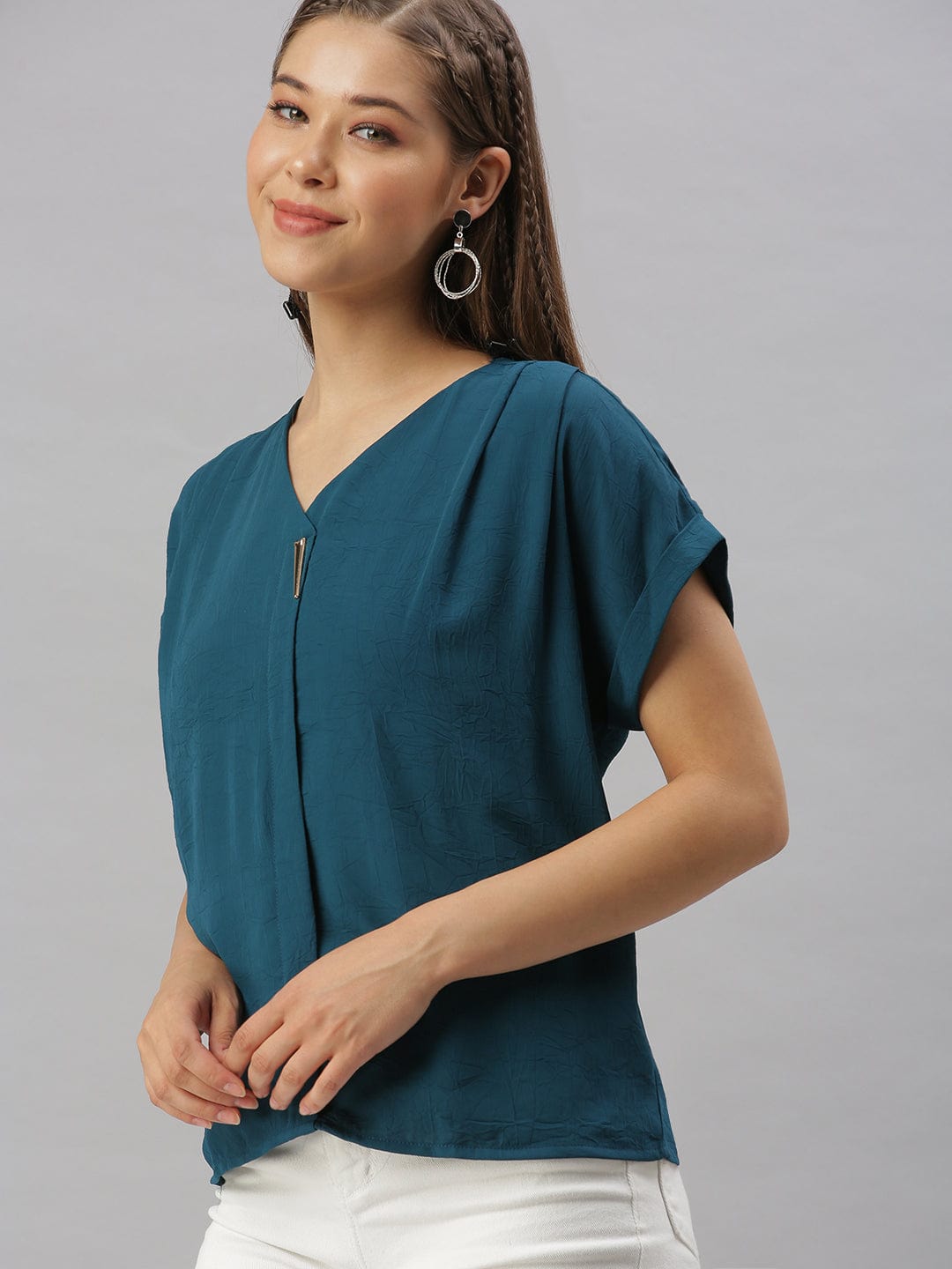 Women's V-Neck Solid Teal Boxy Top
