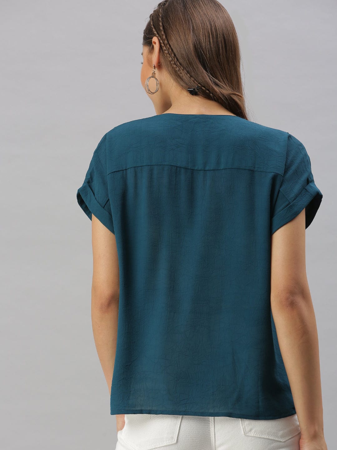 Women's V-Neck Solid Teal Boxy Top
