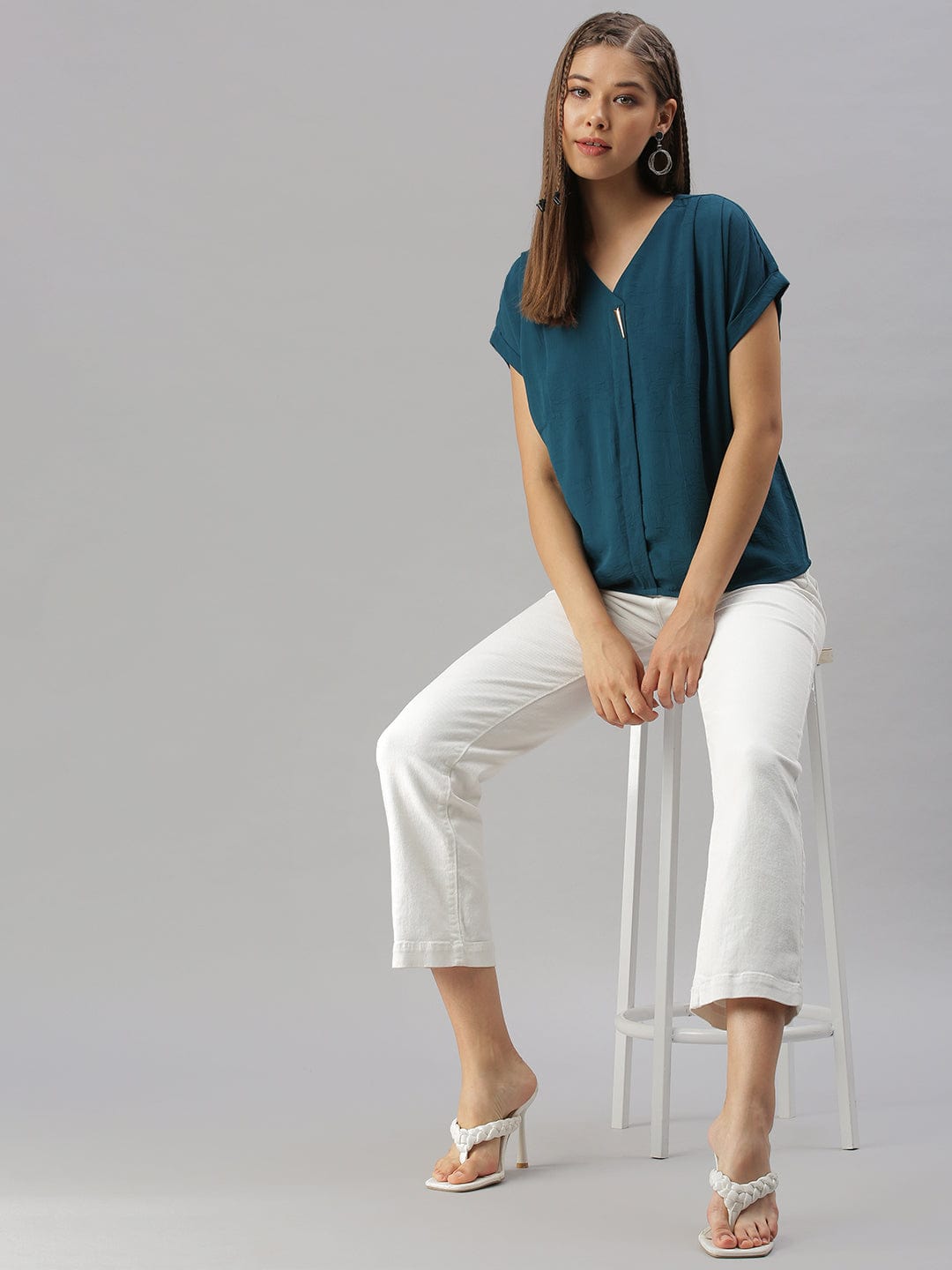 Women's V-Neck Solid Teal Boxy Top