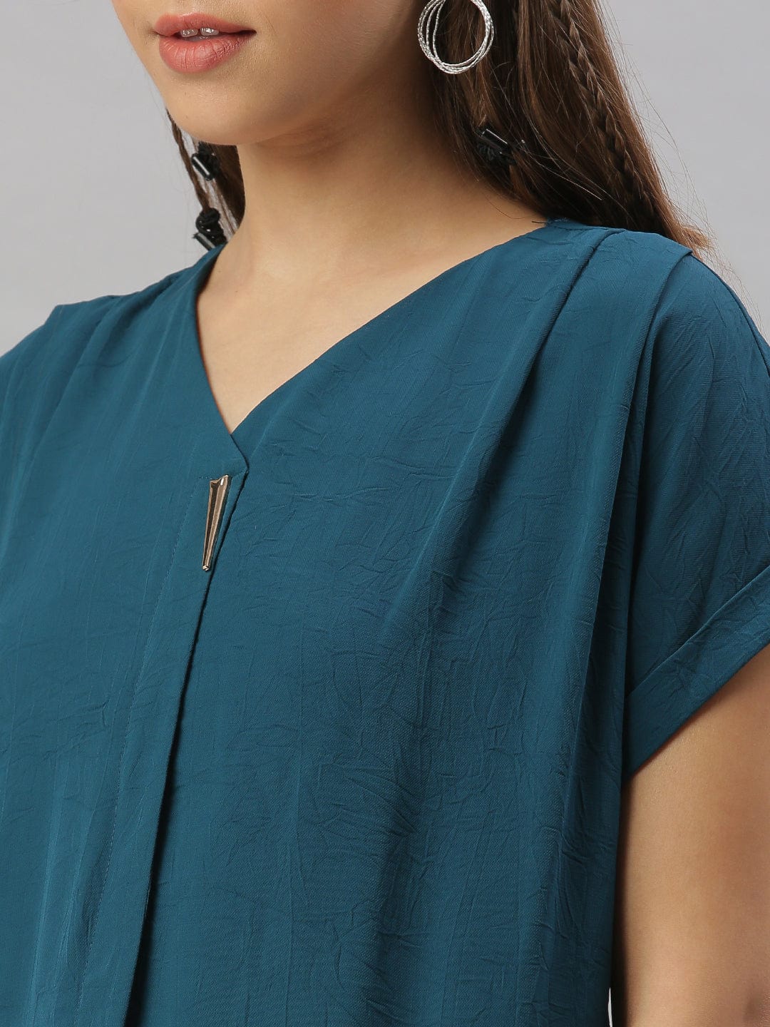 Women's V-Neck Solid Teal Boxy Top