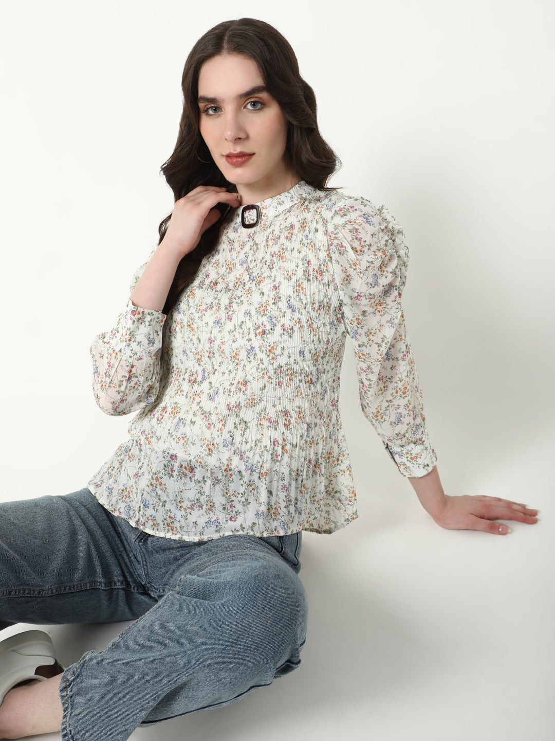 Women Off White Floral Top