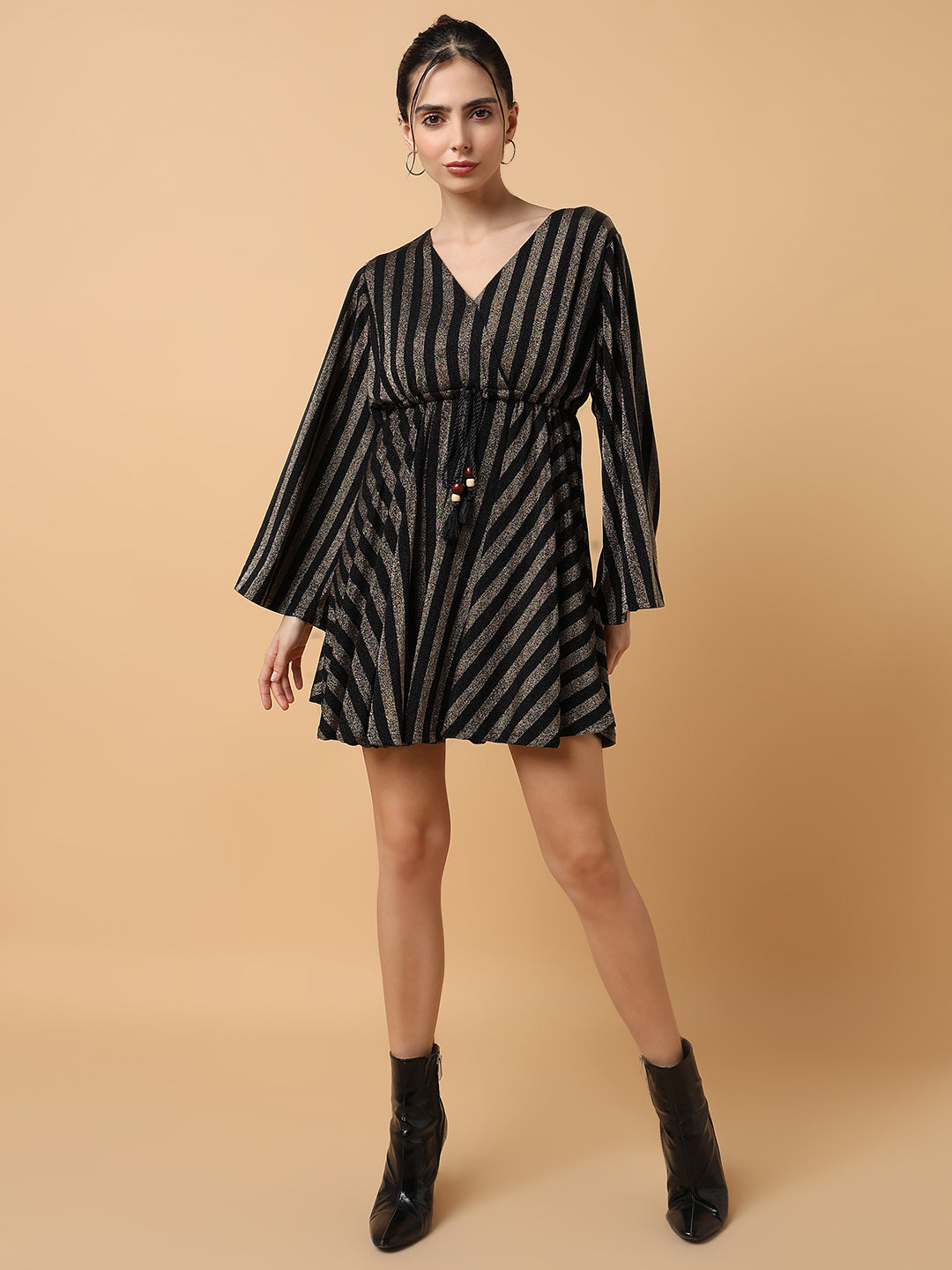 Women V-Neck Striped Empire Bronze Dress