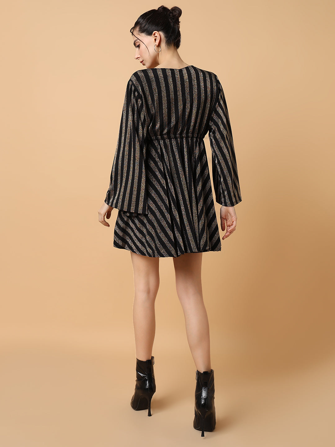 Women V-Neck Striped Empire Bronze Dress