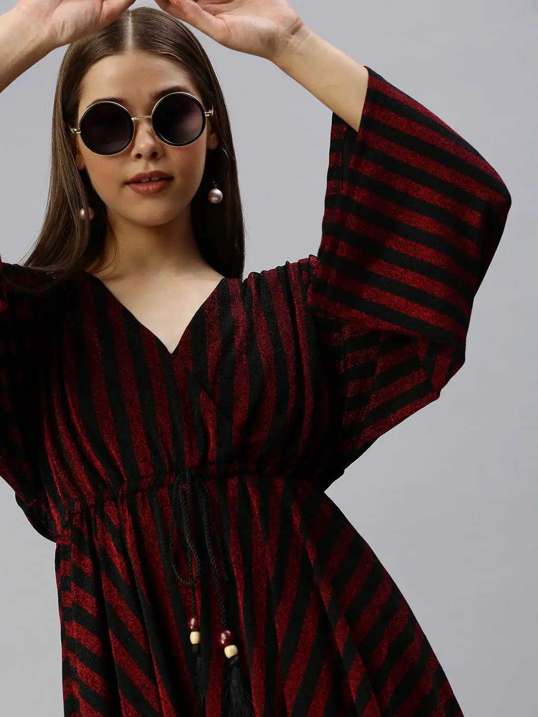 Women's V-Neck Striped Empire Maroon Dress