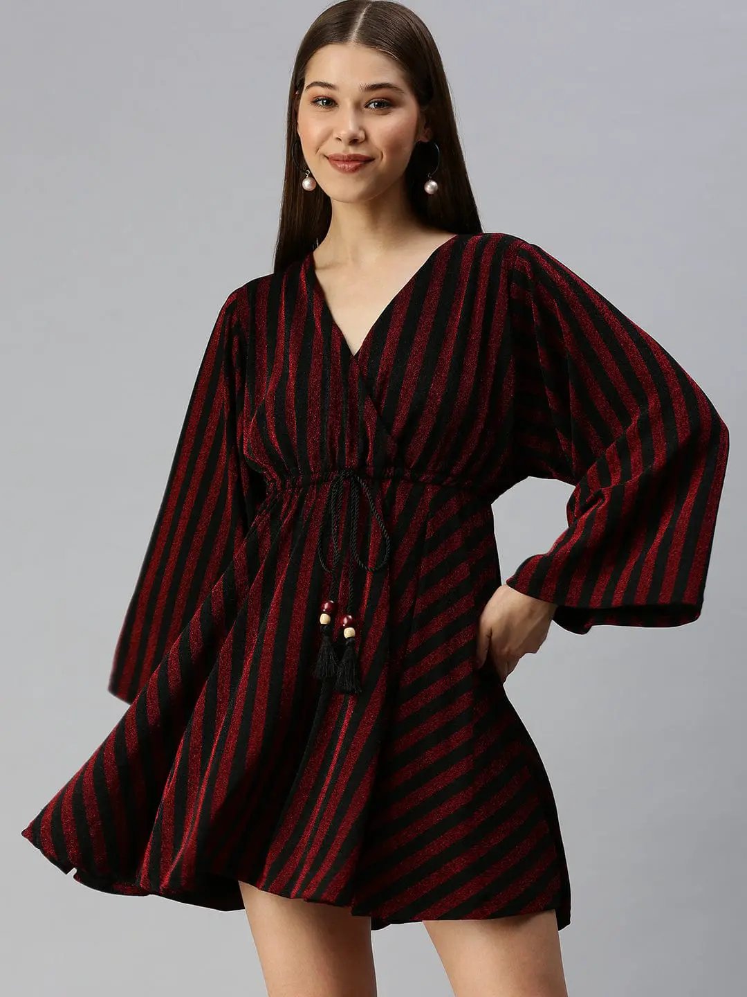 Women's V-Neck Striped Empire Maroon Dress