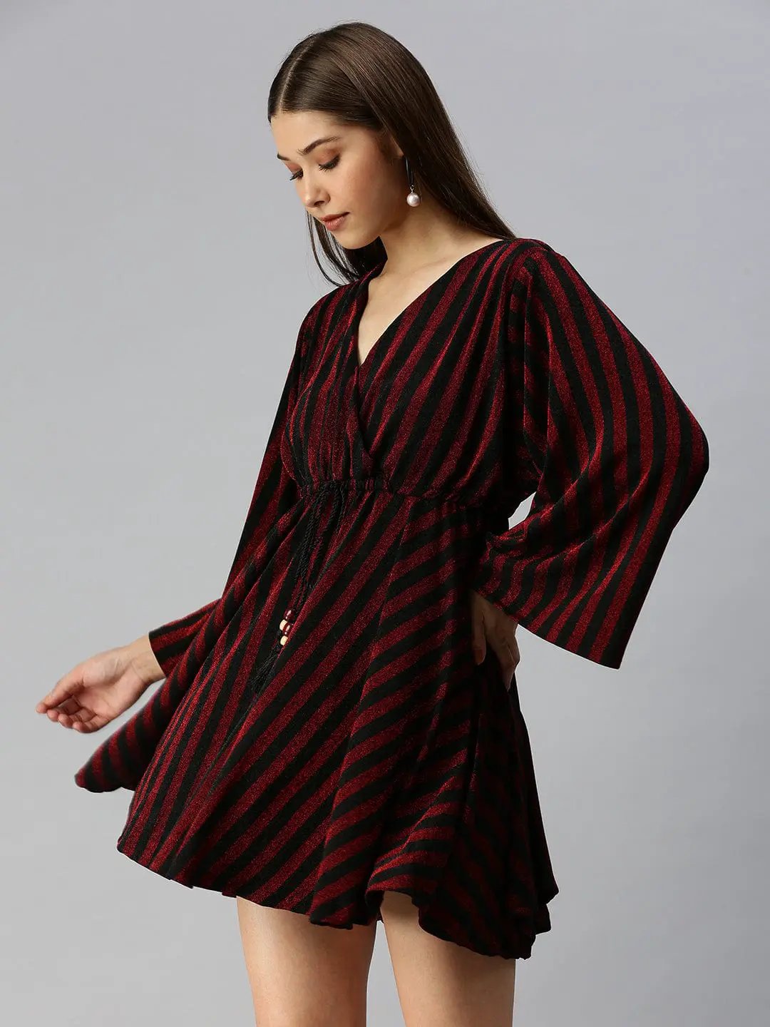 Women's V-Neck Striped Empire Maroon Dress