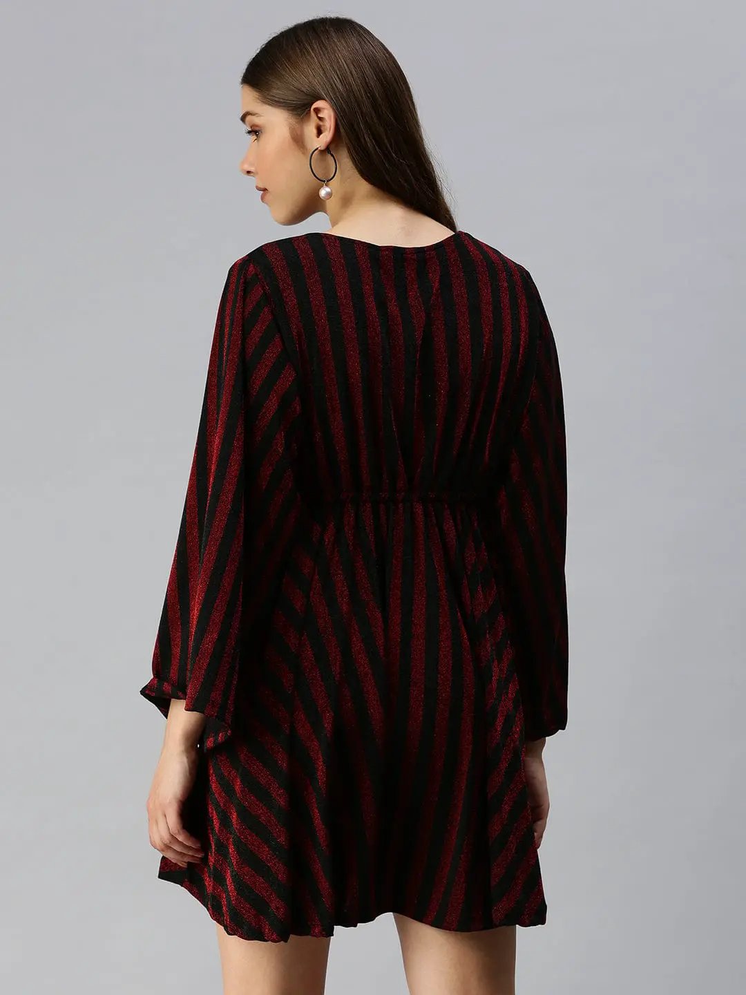 Women's V-Neck Striped Empire Maroon Dress