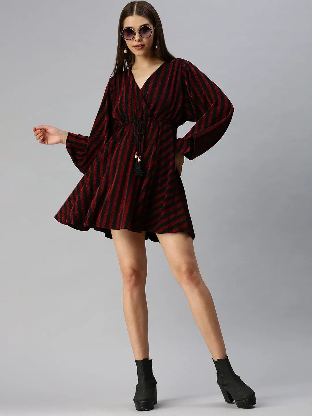 Women's V-Neck Striped Empire Maroon Dress