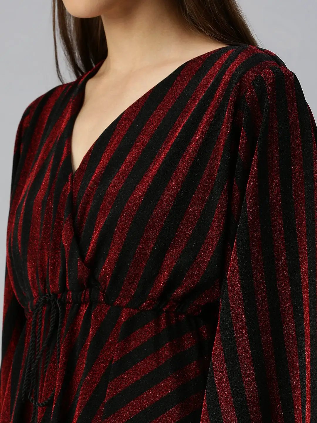 Women's V-Neck Striped Empire Maroon Dress