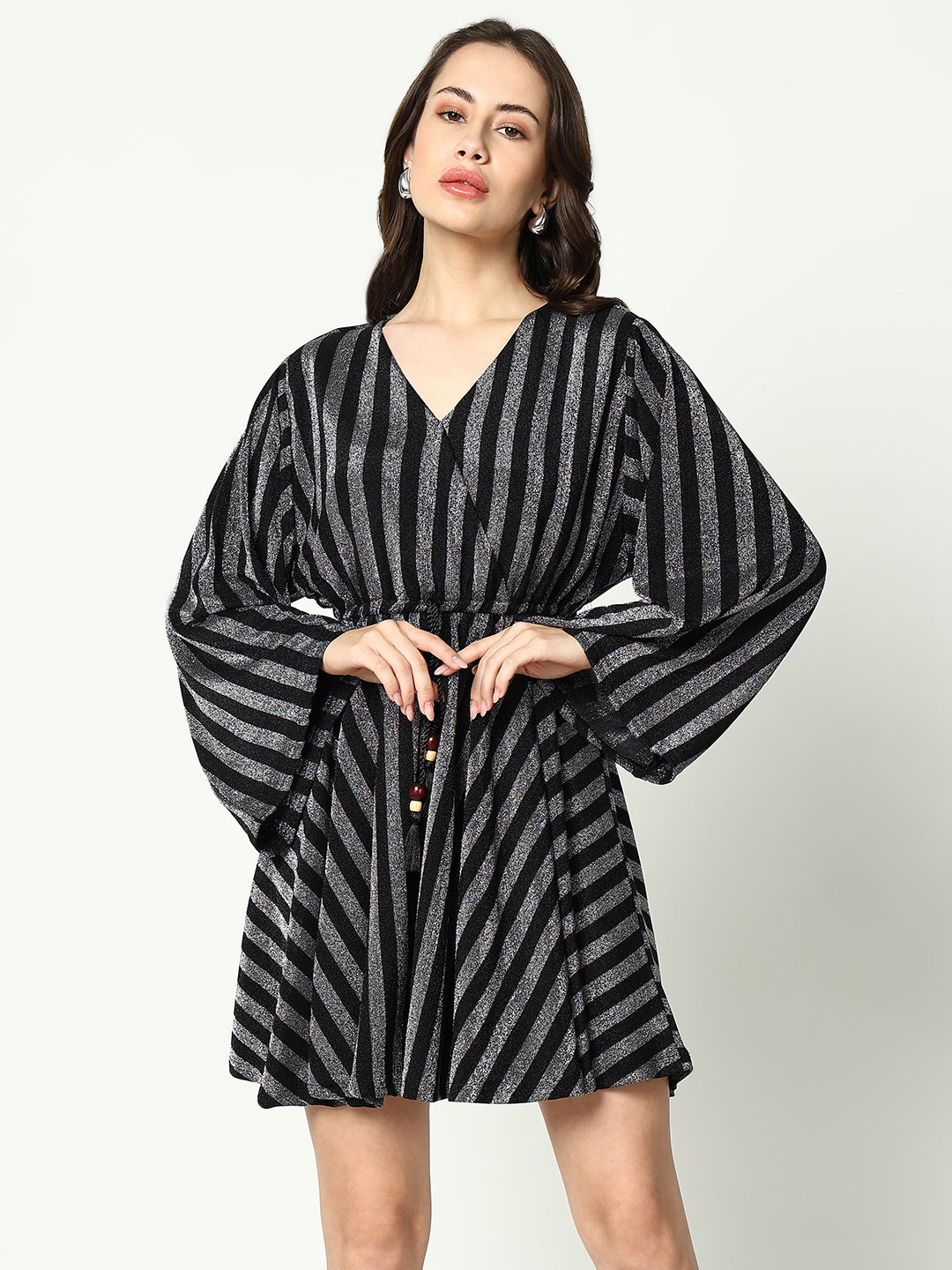 Women V-Neck Striped Empire Silver Dress