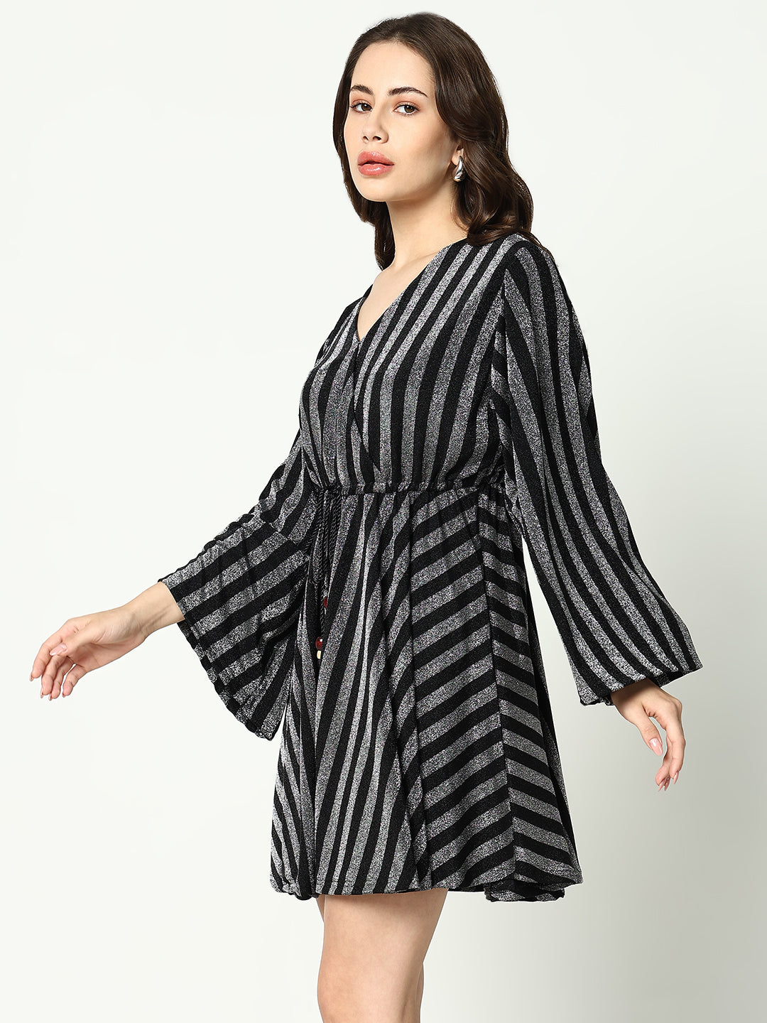 Women V-Neck Striped Empire Silver Dress