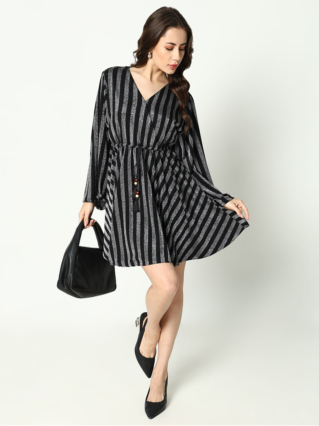 Women V-Neck Striped Empire Silver Dress