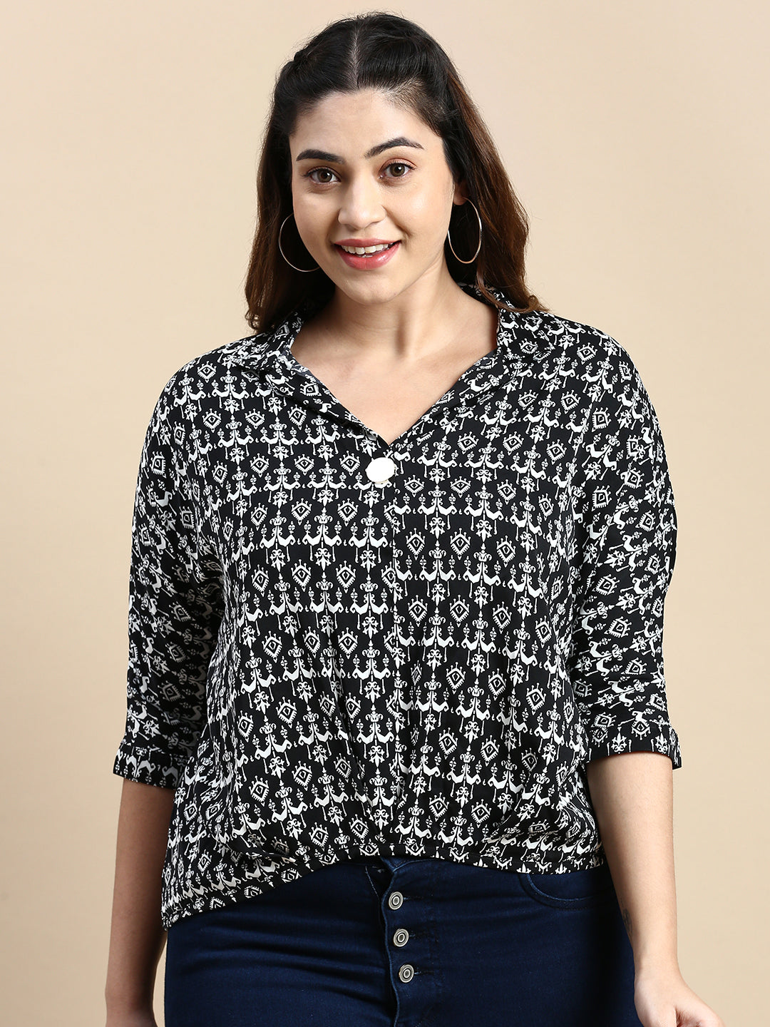 Women Shirt Collar Tribal Black Top