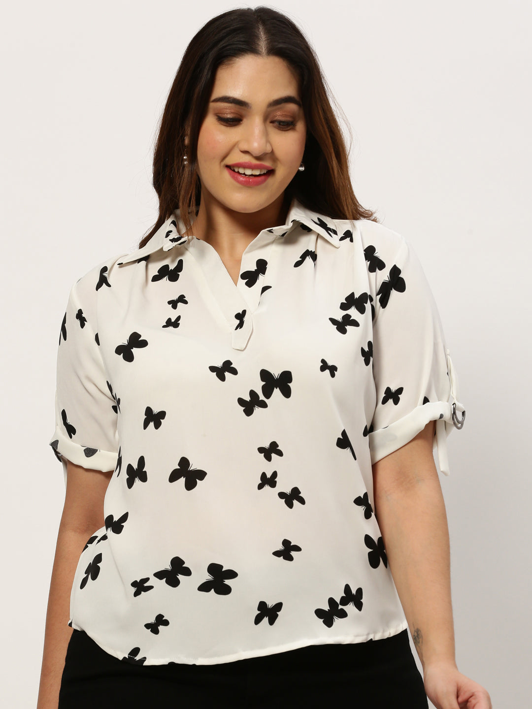 Women Shirt Collar Graphic Print White Top