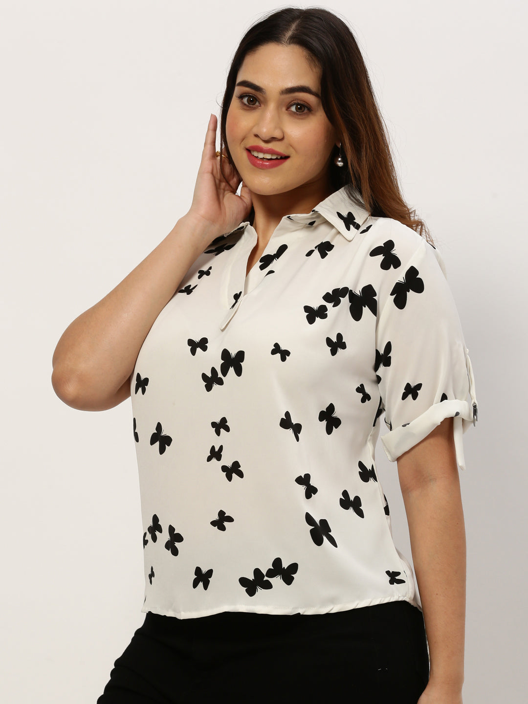 Women Shirt Collar Graphic Print White Top