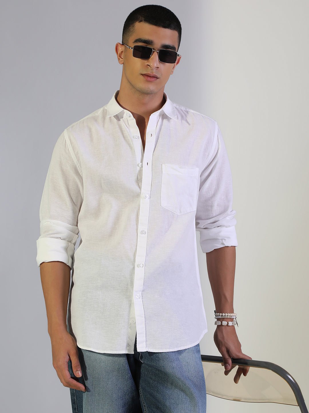 Men's White Regular Fit Casual Shirt with Chest Pocket