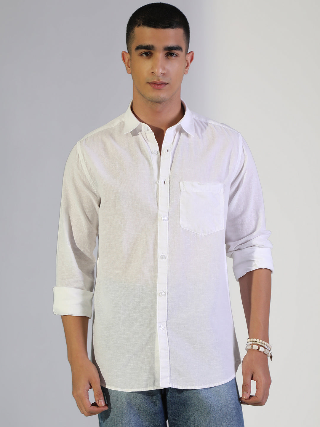 Men's White Regular Fit Casual Shirt with Chest Pocket