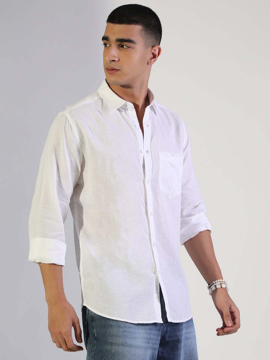 Men's White Regular Fit Casual Shirt with Chest Pocket
