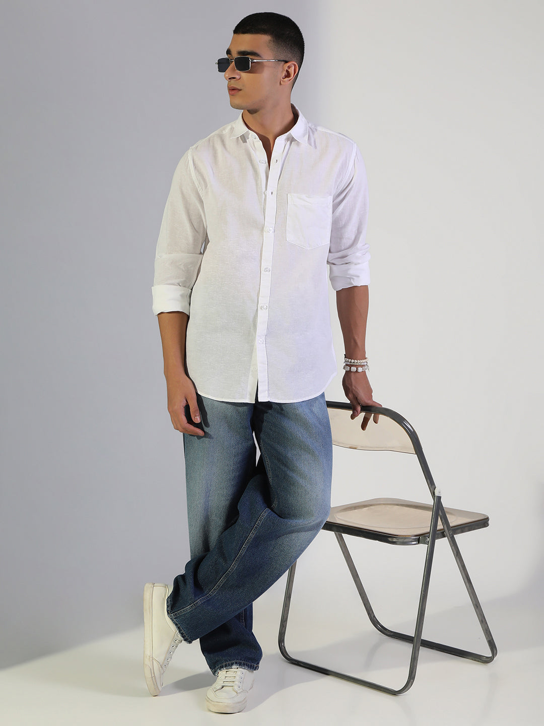 Men's White Regular Fit Casual Shirt with Chest Pocket