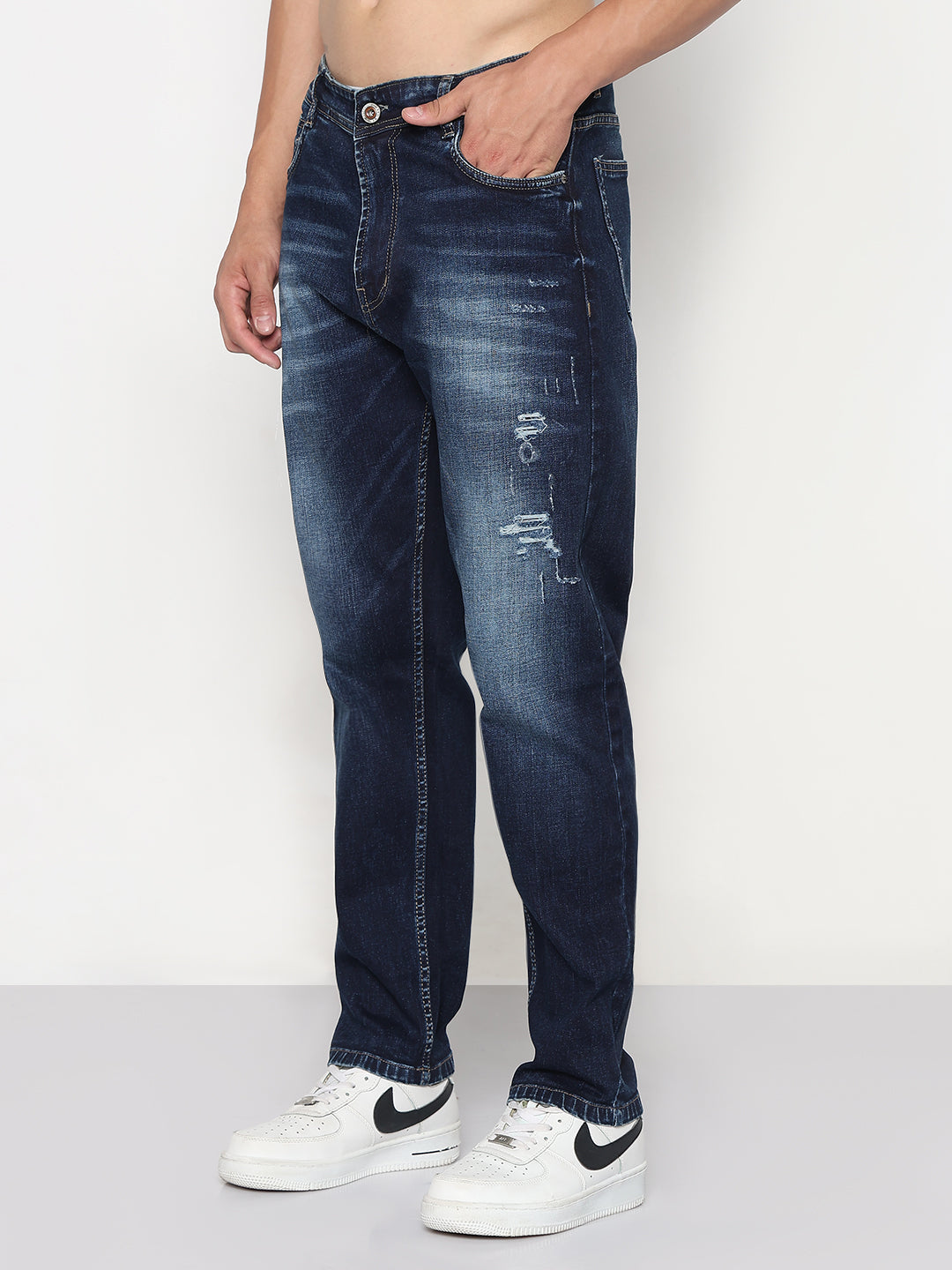 Men's Navy Blue Relaxed Fit Jeans with Distressed Patches