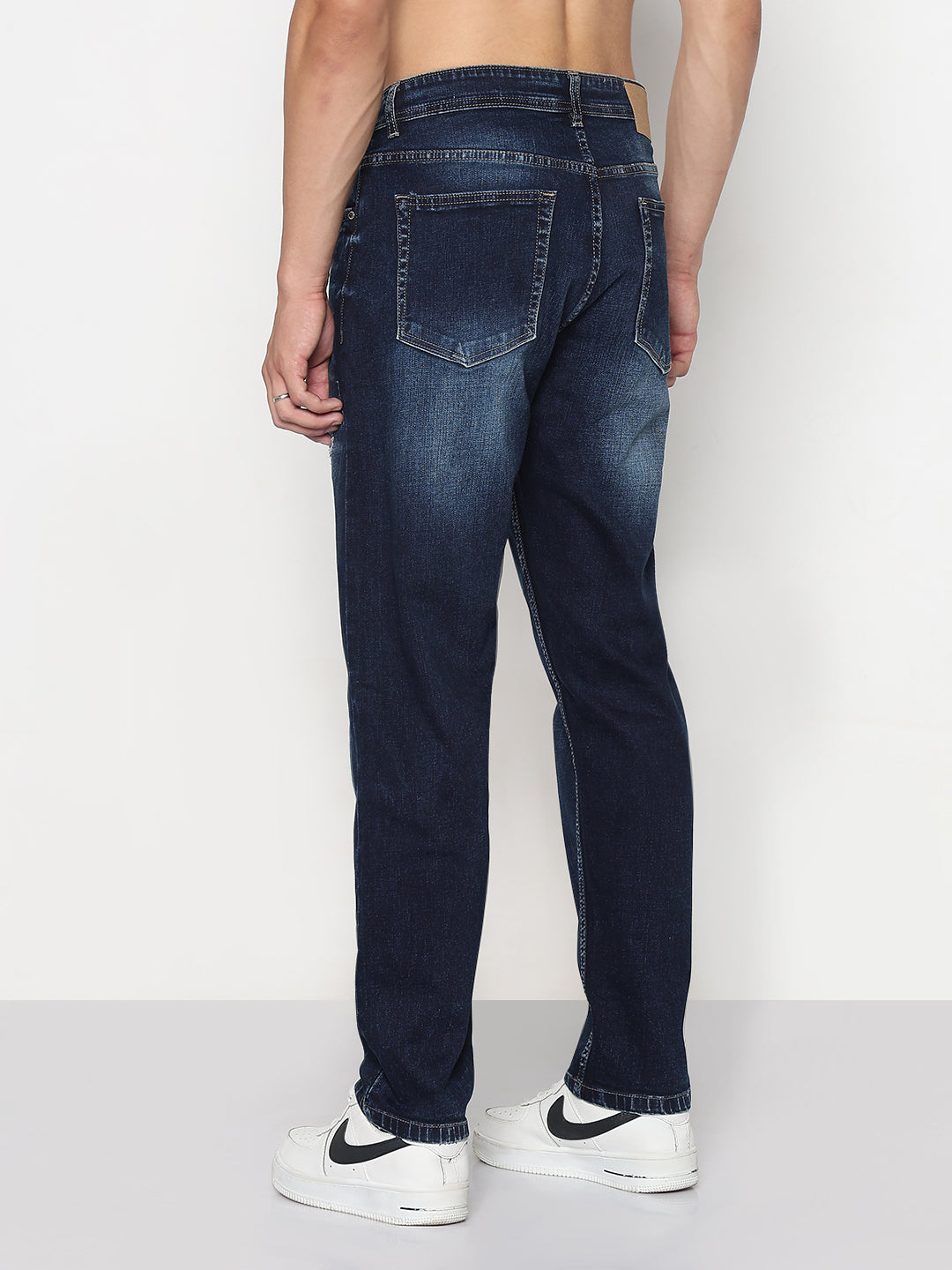 Men's Navy Blue Relaxed Fit Jeans with Distressed Patches