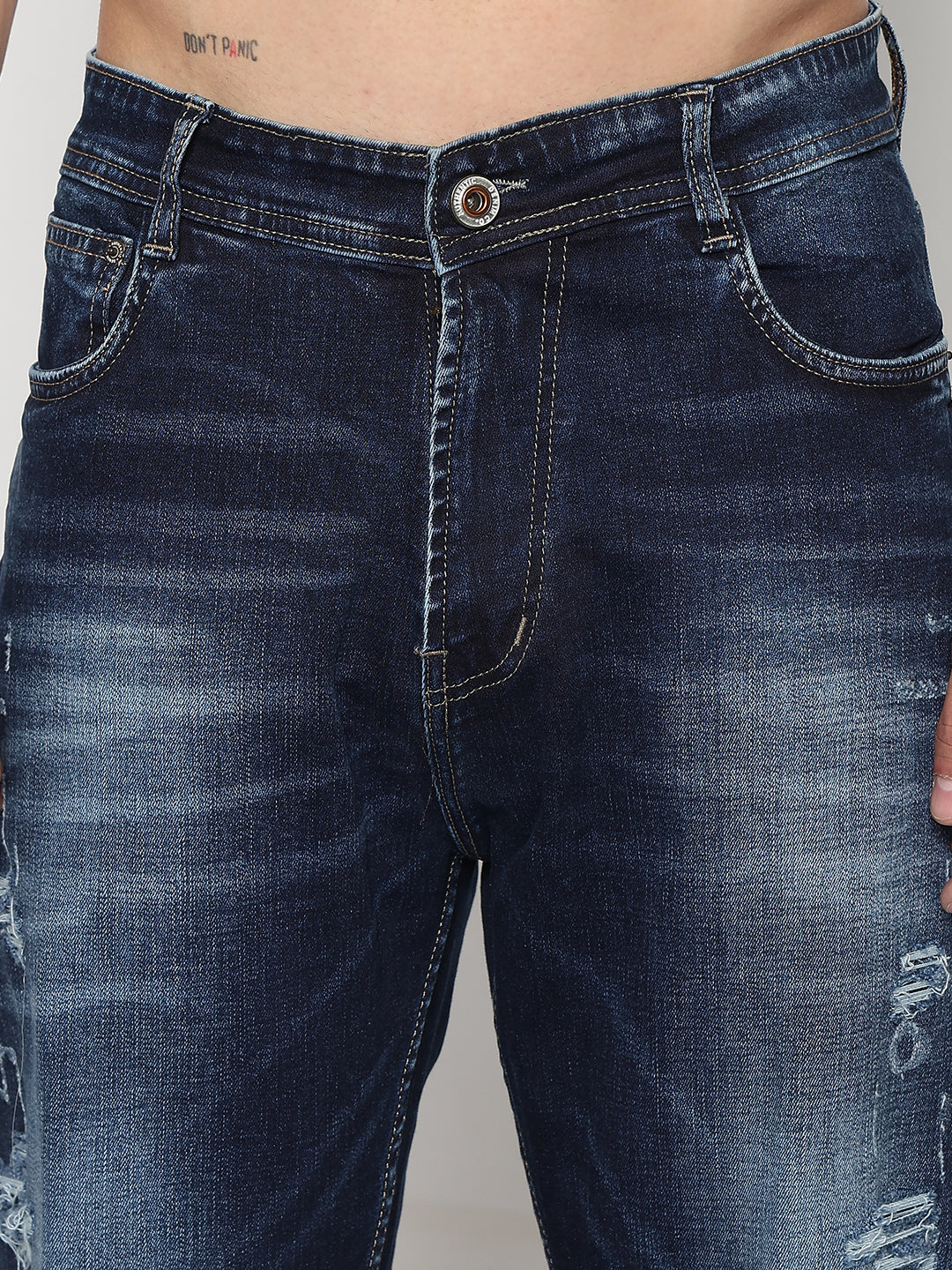 Men's Navy Blue Relaxed Fit Jeans with Distressed Patches