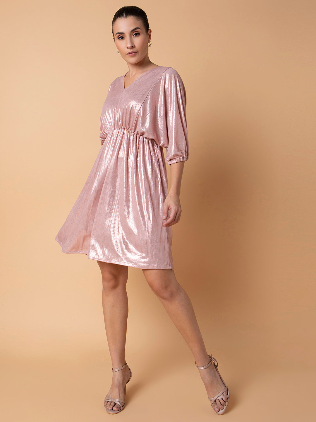 Women Solid Peach Fit and Flare Dress