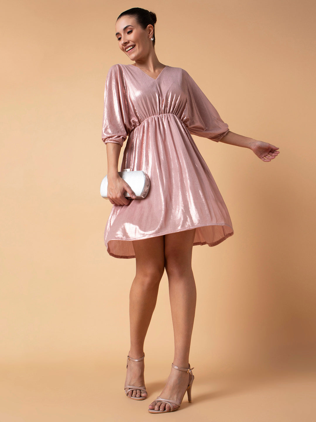 Women Solid Peach Fit and Flare Dress