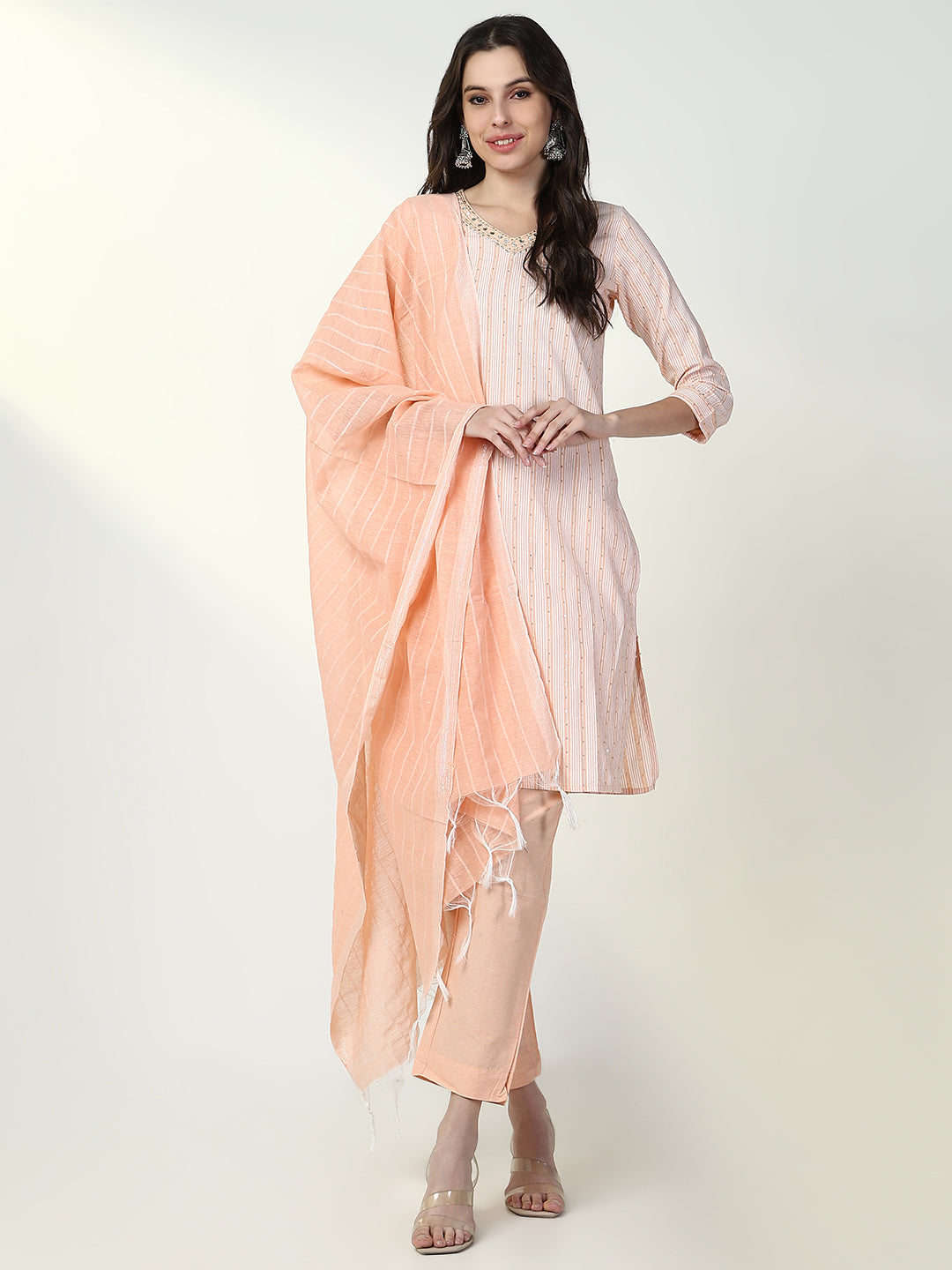 Women Striped Peach Straight Kurta Set with Dupatta