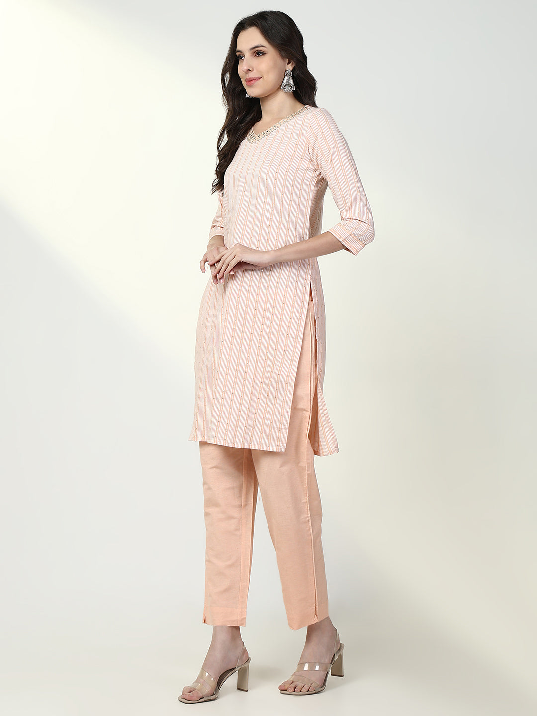 Women Striped Peach Straight Kurta Set with Dupatta