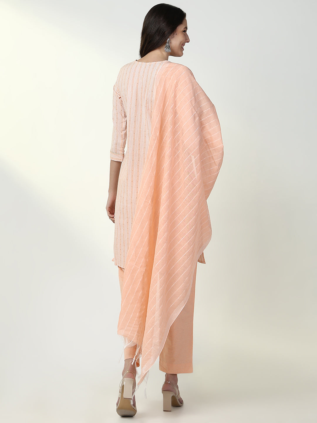 Women Striped Peach Straight Kurta Set with Dupatta