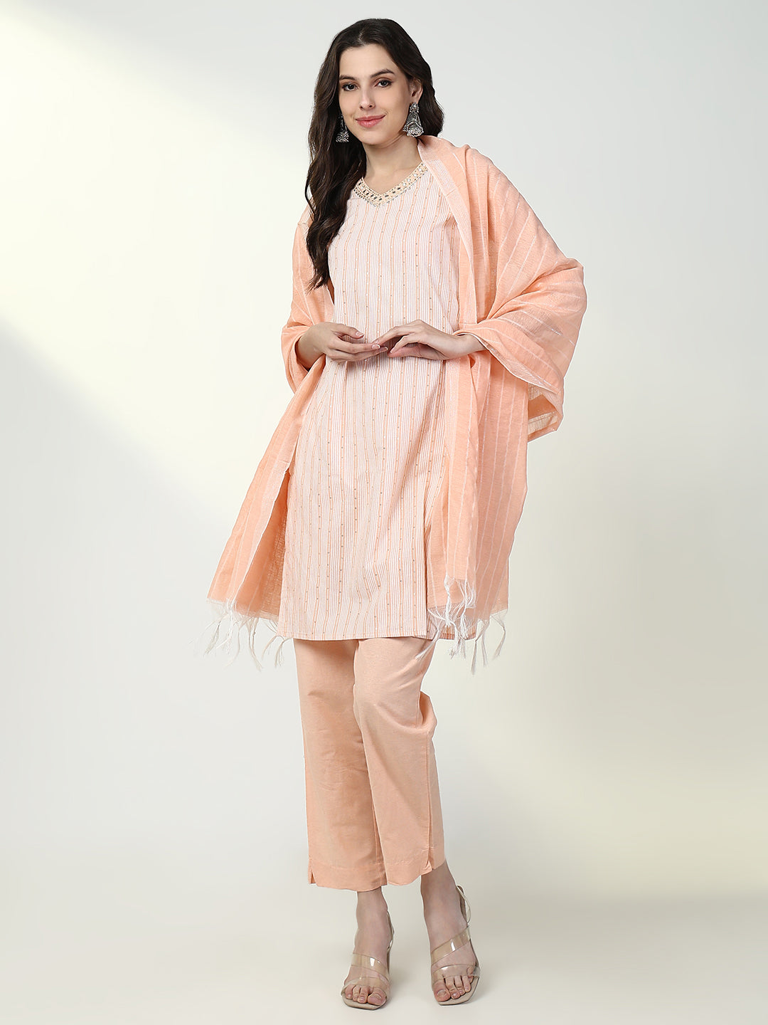 Women Striped Peach Straight Kurta Set with Dupatta