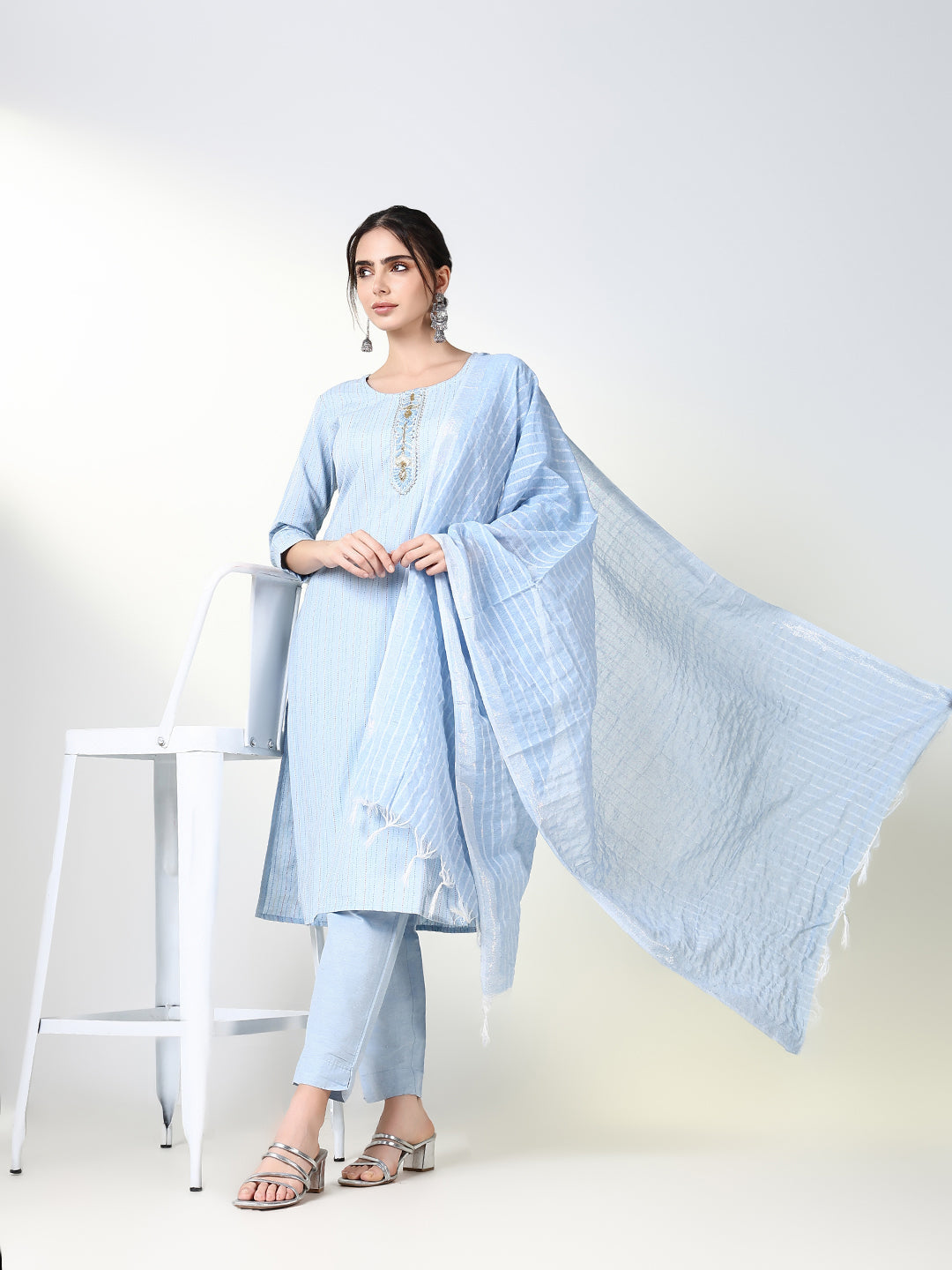 Women Striped Blue Straight Kurta Set with Dupatta